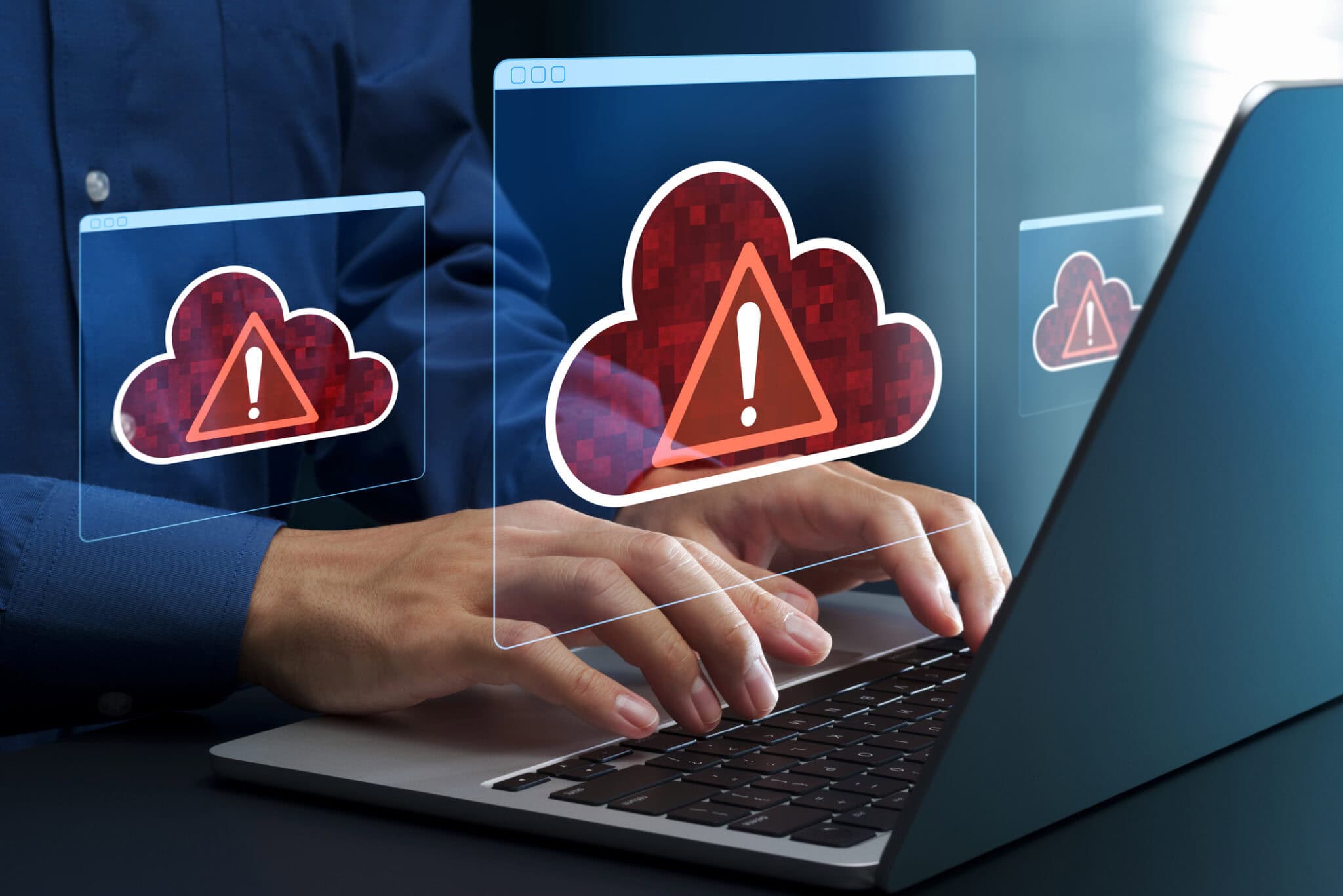 Cloud warning icons indicating network issues and downtime risks.