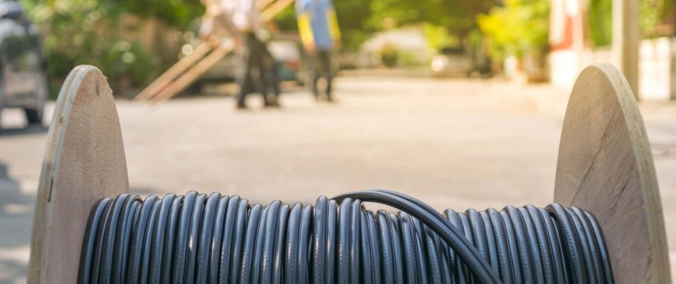 Spool of communication cable for voice and data wiring in Jacksonville, Florida.