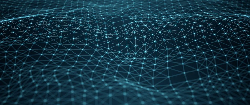 Futuristic digital mesh network with interconnected points and lines.