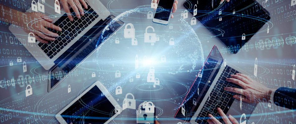 Secure Wi-Fi network with multiple devices and padlocks for cybersecurity.