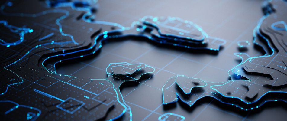 Futuristic digital map highlighting global connectivity and technology networks.