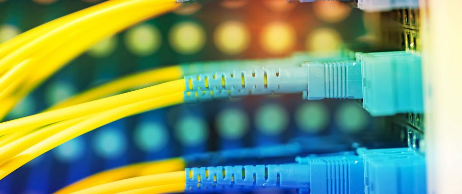 Close-up of colorful fiber optic cables connected to a network switch.