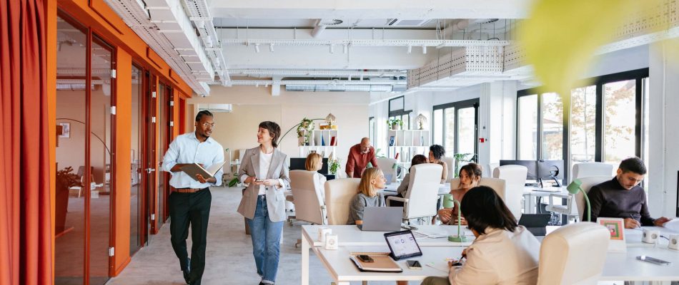 Open office with employees working and collaborating in a modern workspace.