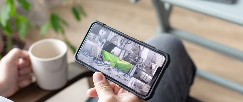 Person monitoring security cameras on smartphone for home security.