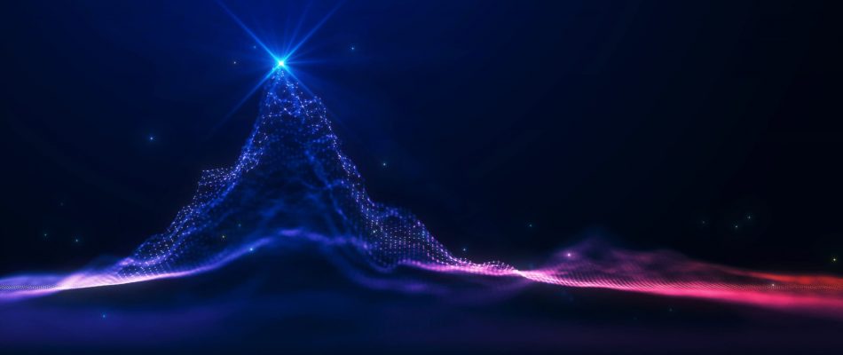 Abstract digital data visualization with glowing blue and pink lines.
