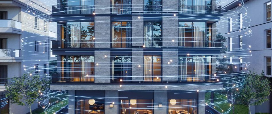 Modern building with digital network overlay for IoT and smart technology.