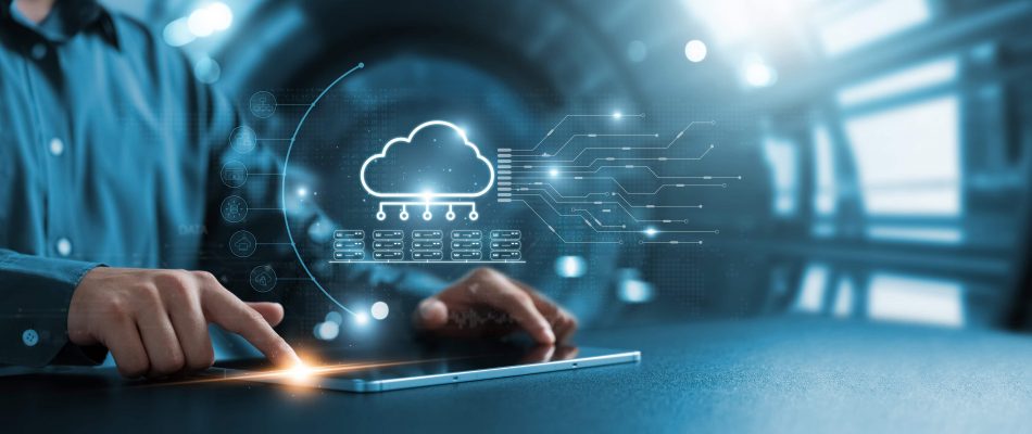 Person using tablet with cloud and network graphics for SDN solutions.
