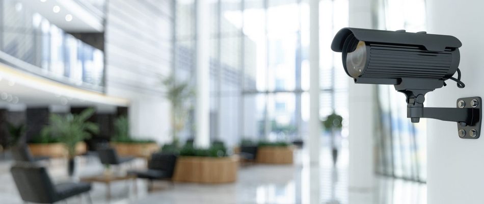 Outdoor CCTV security camera in a sleek, modern building lobby.