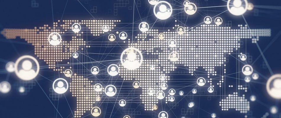 Digital world map with interconnected icons representing global fiber optic connections.