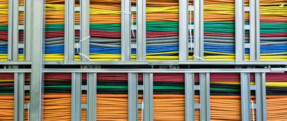 Colorful structured cabling system in a data center rack.