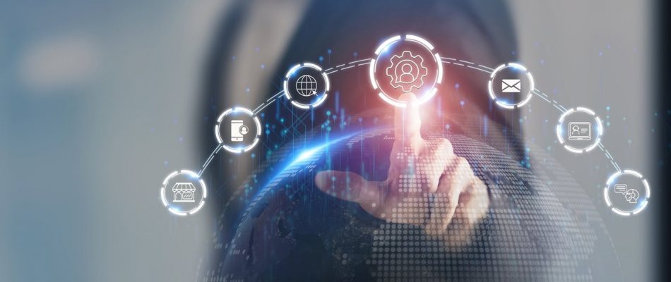 Business professional interacting with digital technology icons for IT infrastructure.
